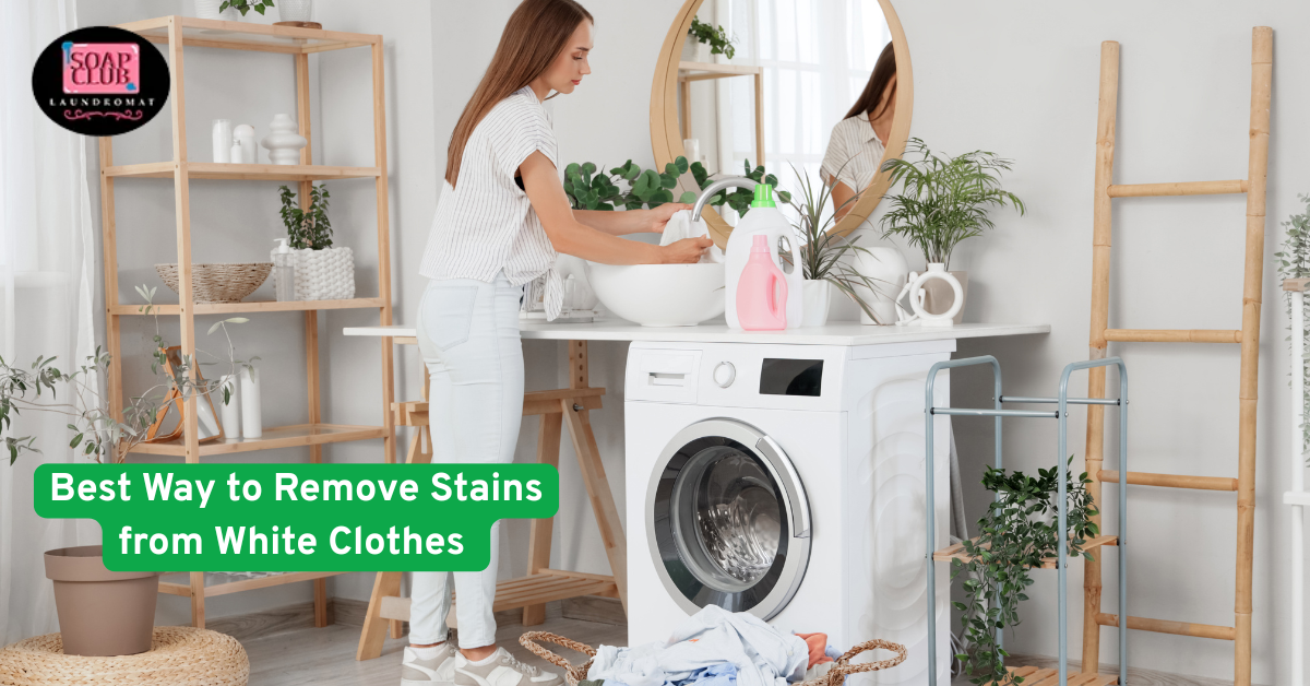 A woman doing laundry beside a modern white washing machine with detergent and white clothes, in a stylish home interior with plants and wooden decor.