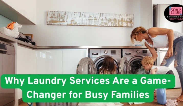Mother with children doing laundry at home, loading washing machines in a modern laundry room.