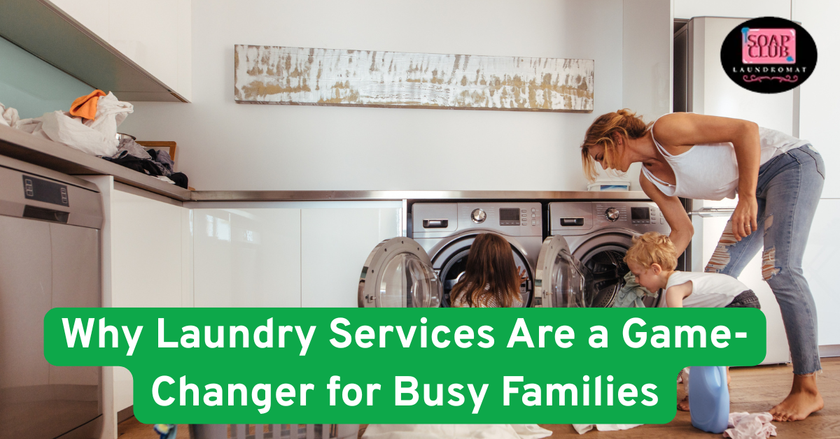 Mother with children doing laundry at home, loading washing machines in a modern laundry room.
